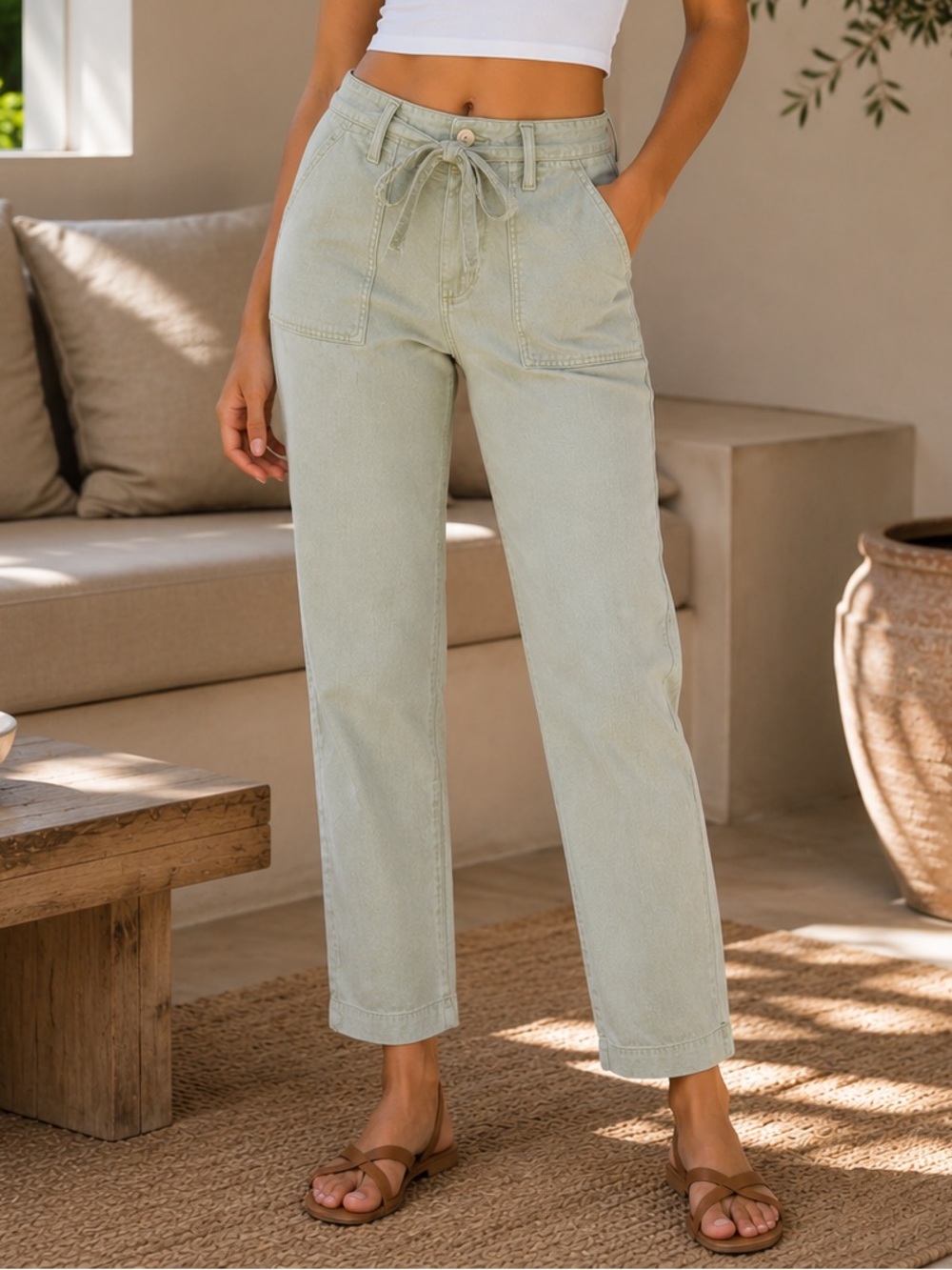 Lucky Brand Light Sage Straight Leg Jeans with Drawstring Waist size 2/26